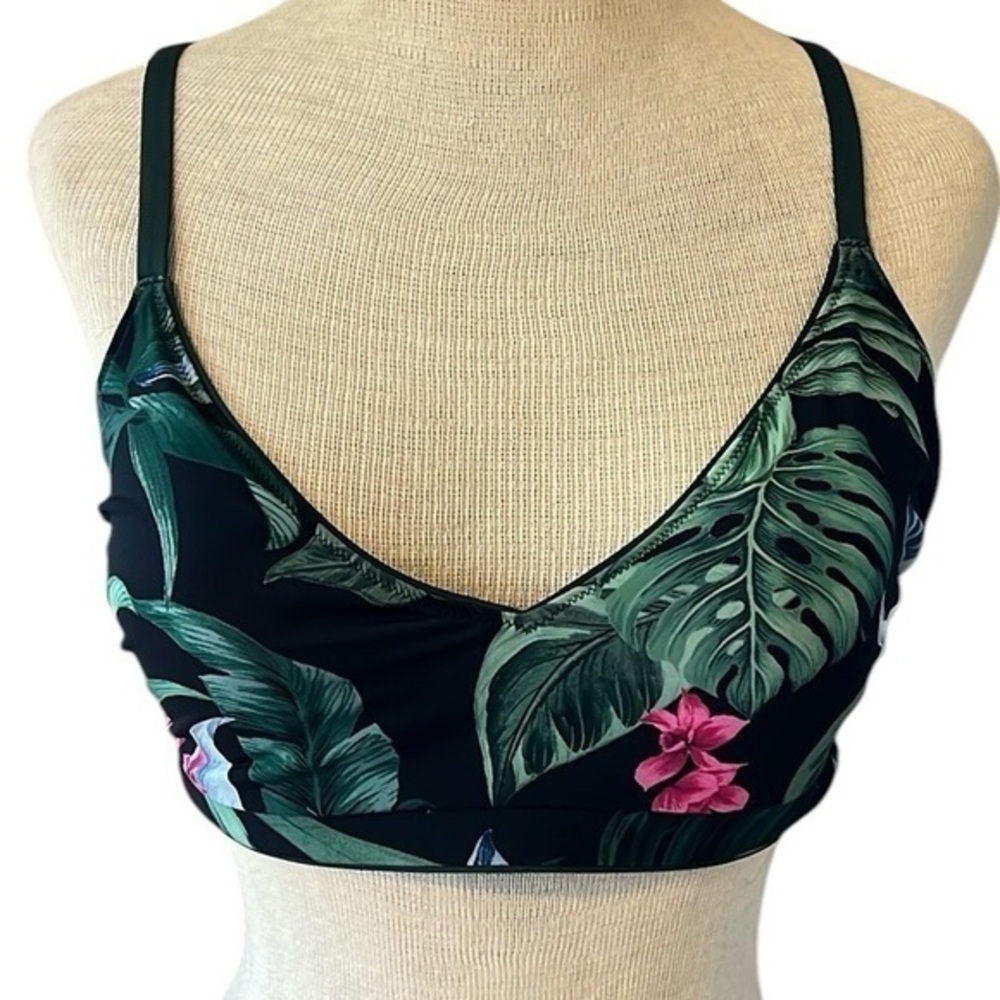 Kona Sol bikini top, criss cross tie back, floral pattern, black green pink blue